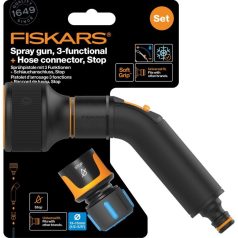   Fiskars Comfort locsolópisztoly, 3 funkciós  + CF tömlőcsatlakozó 13-15mm, STOP
